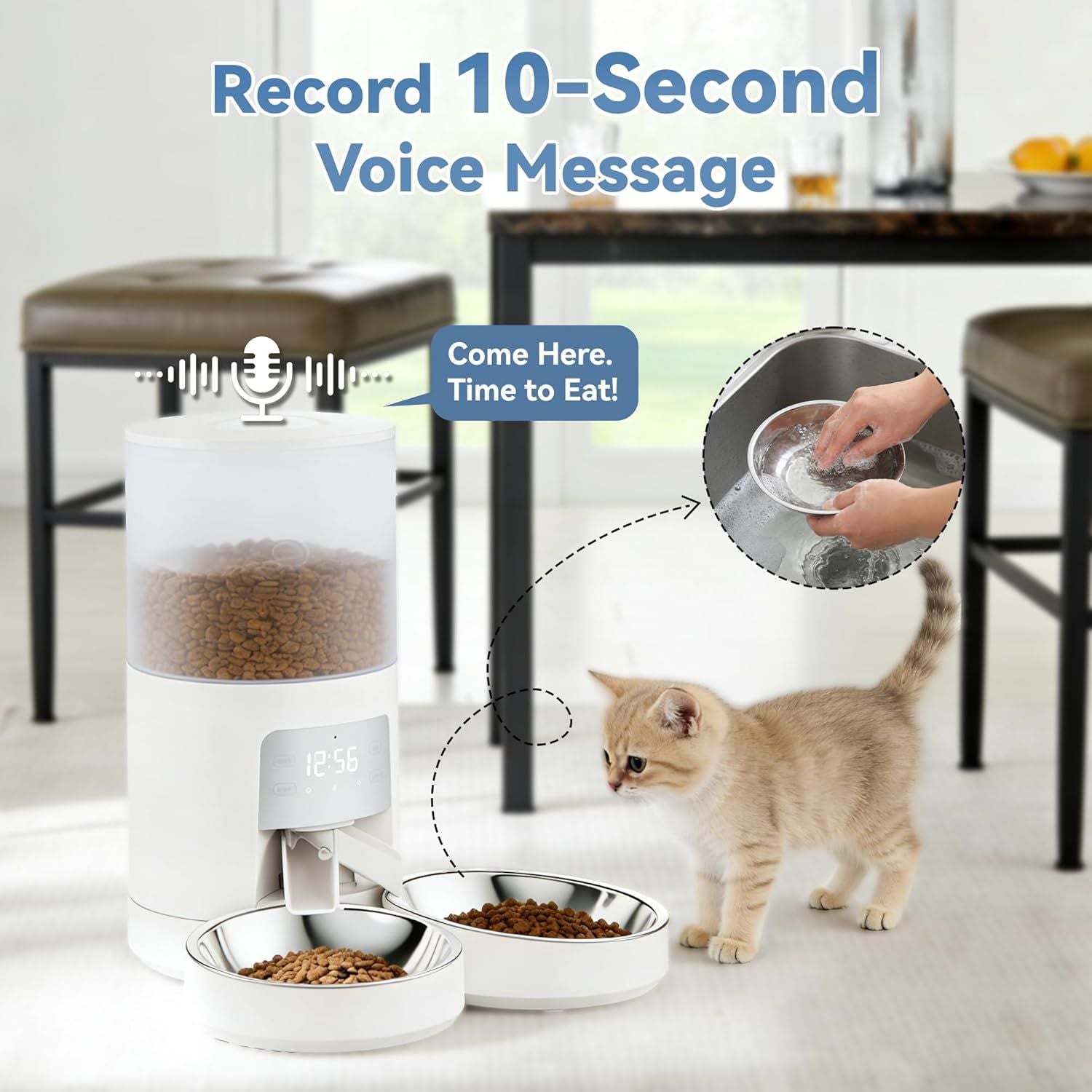6L Automatic Cat Feeder for 2 Cats, Timed Cat Food Dispenser with 2 Stainless Bowls, 10s Voice Recorder, Dual Power Supply, 6 Meals 50 Portions Per Day, Dual Pet Feeder for Cat and Dog