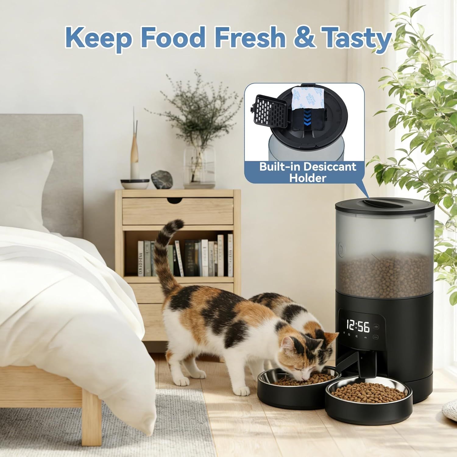 6L Automatic Cat Feeder for 2 Cats, Timed Cat Food Dispenser with 2 Stainless Bowls, 10s Voice Recorder, Dual Power Supply, 6 Meals 50 Portions Per Day, Dual Pet Feeder for Cat and Dog