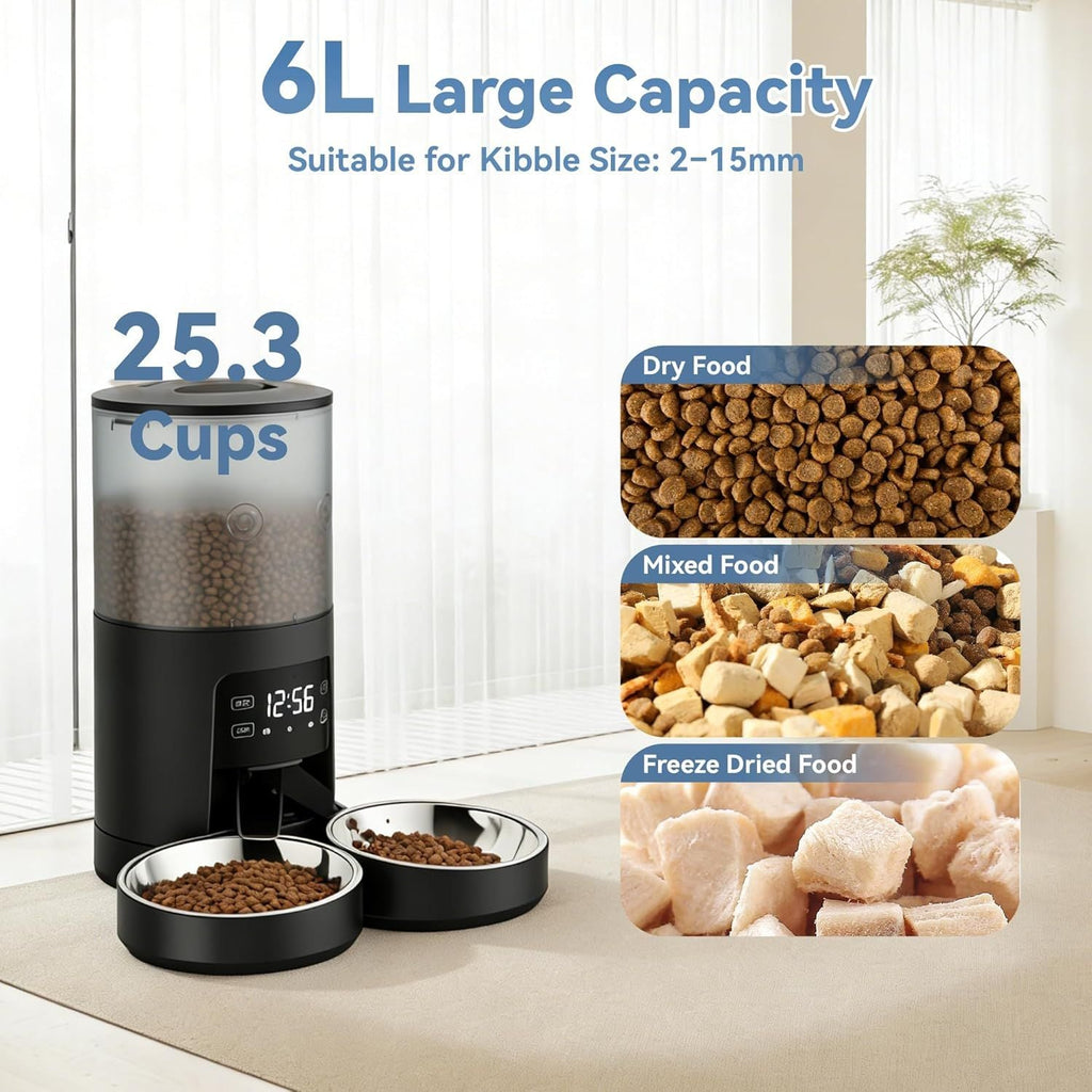 6L Automatic Cat Feeder for 2 Cats, Timed Cat Food Dispenser with 2 Stainless Bowls, 10s Voice Recorder, Dual Power Supply, 6 Meals 50 Portions Per Day, Dual Pet Feeder for Cat and Dog