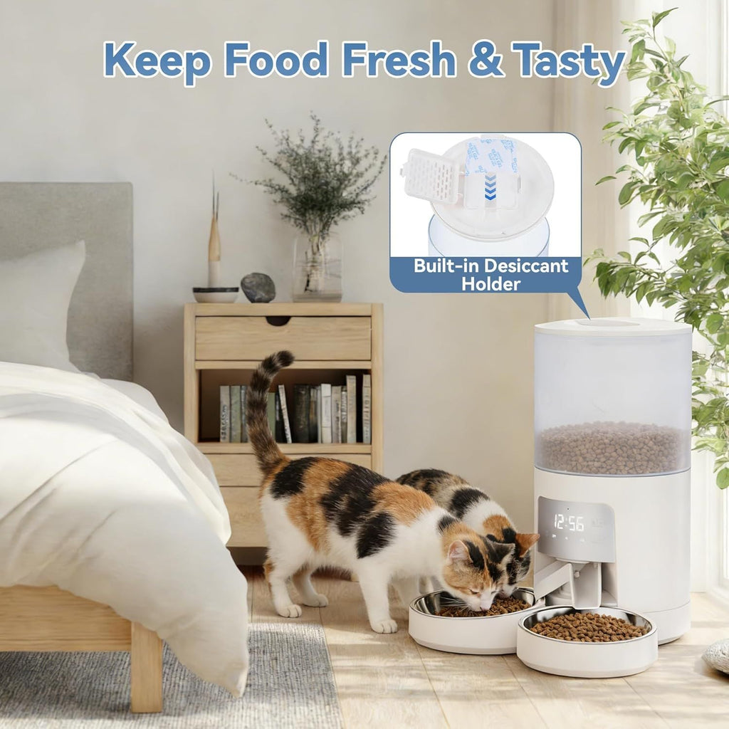 6L Automatic Cat Feeder for 2 Cats, Timed Cat Food Dispenser with 2 Stainless Bowls, 10s Voice Recorder, Dual Power Supply, 6 Meals 50 Portions Per Day, Dual Pet Feeder for Cat and Dog